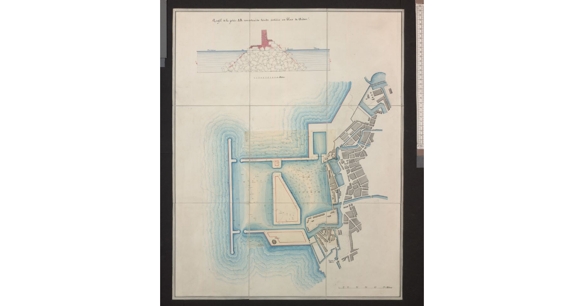 Profil de la jetée A-B construite en blocs naturels et revertue seulement en blocs de beton du coté du large