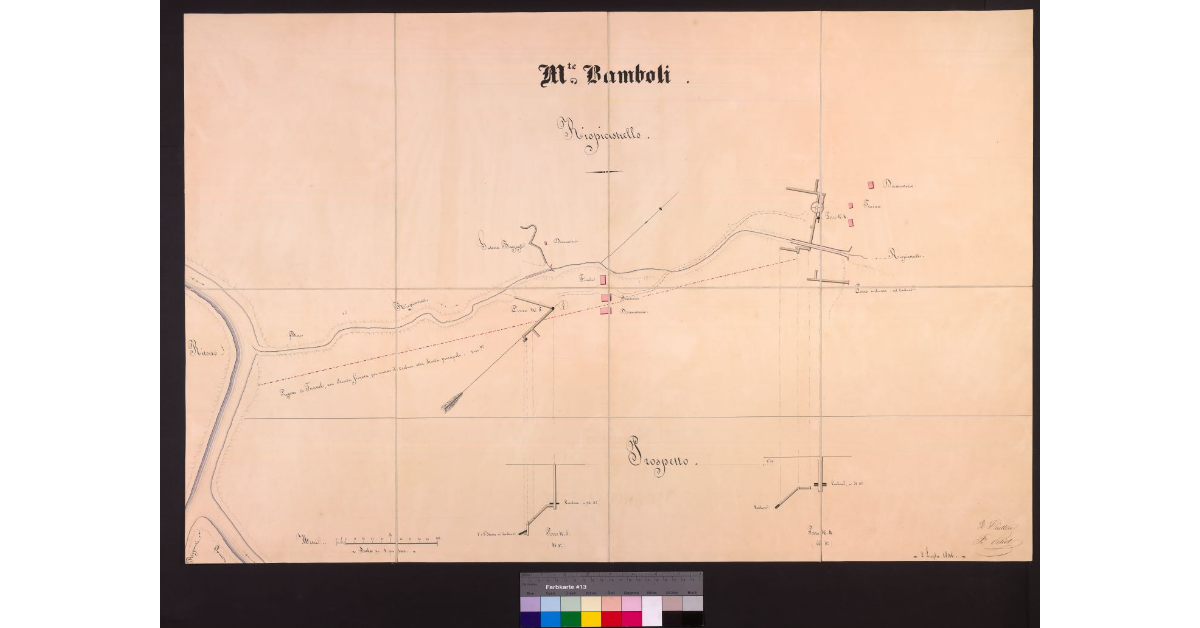 Prospetti dei pozzi e piante della miniera di carbone di Monte Bamboli