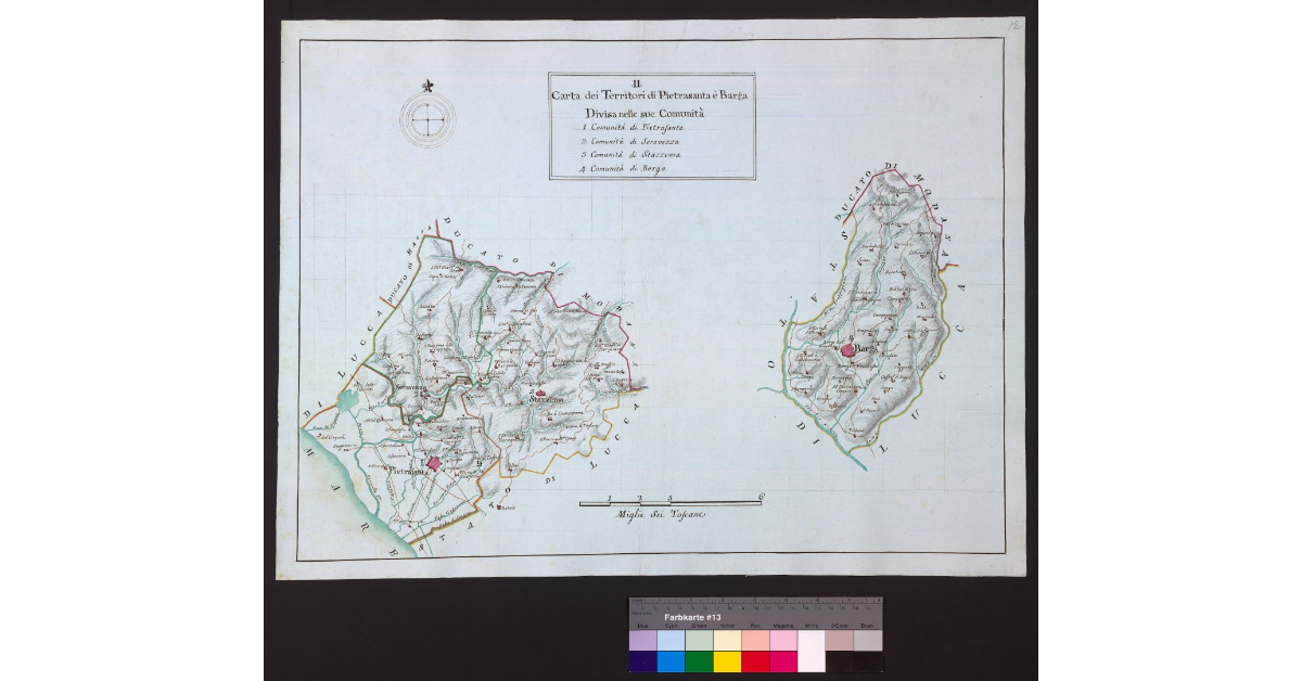 Carta dei Territori di Pietrasanta e Barga divisa nelle sue Comunità