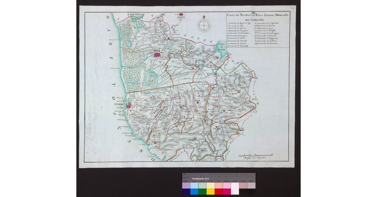Carta dei Territori di Pisa e Livorno divisa nelle sue Comunità