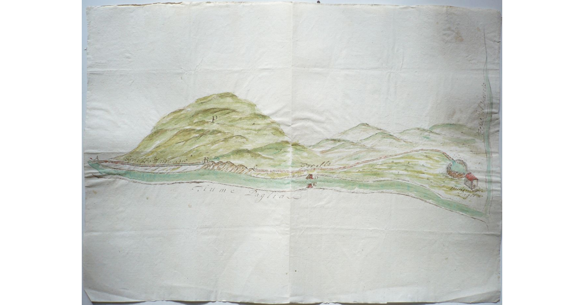 [Bozza dimostrativa del fiume Paglia e del gorello che porta l'acqua al mulino del Paglia]