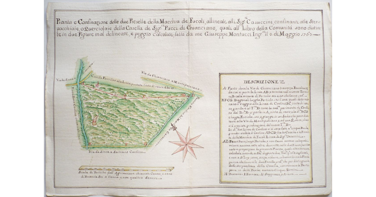 Pianta e Confinazione delle due Preselle della Macchia de Fucoli, allineate alli Signori Casuccini, confinanti alle Sterpacchiaie, o Querciolaie della Casella de Signori Pucci di Chianciano, quali all'Libro della Comunità sono distinte in due Figure mal delineate, e peggio calcolate