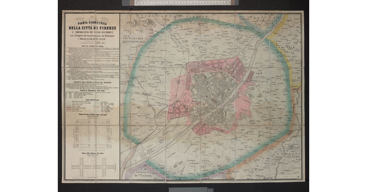 Pianta geometrica della Città di Firenze e topografia de’ suoi contorni con i progetti di ampliamento, di riduzione e allargamento delle strade