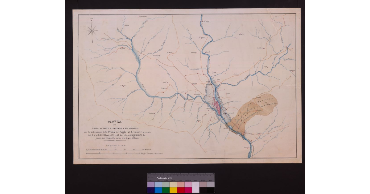 Pianta del paese di Pieve S. Stefano e sue adiacenze con l'indicazione della frana del poggio di Belmonte avvenuta dal dì 15 al dì 17 febbraio 1855 e del derivatone allagamento del paese per l'impedito corso alle acque del Tevere [...]