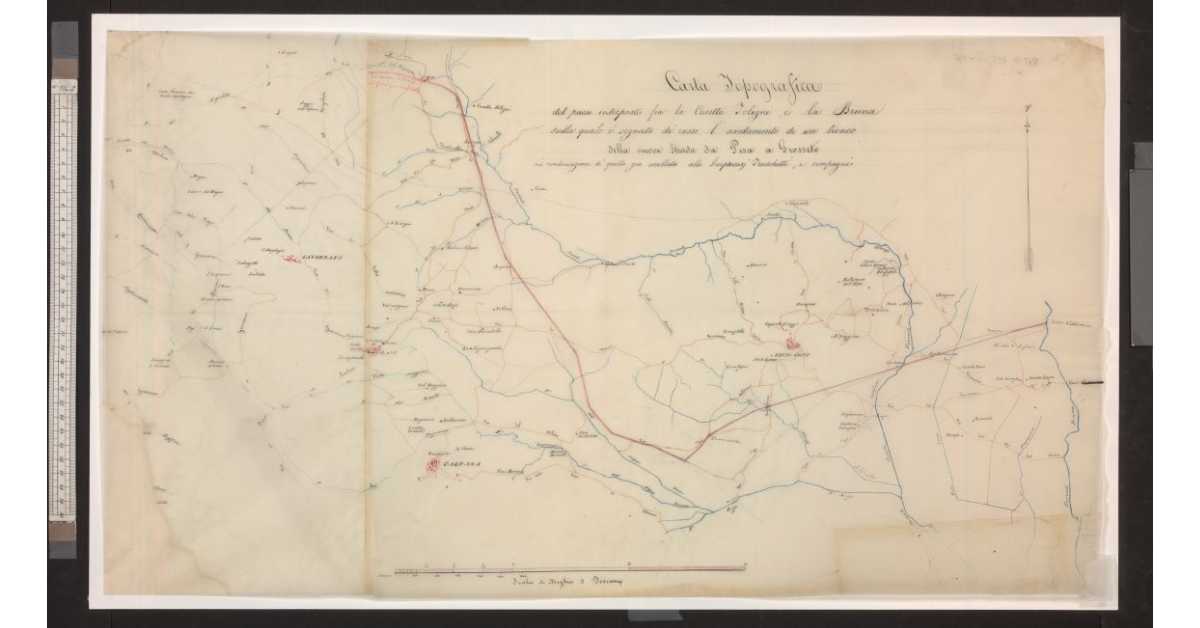 Carta topografica del paese interposto fra la Casetta Foligni e la Bruna sulla quale è segnato di rosso l'andamento di un tronco della nuova strada da Pisa a Grosseto in continuazione di quella già accollata all'impresari Fraschetti e Compagni