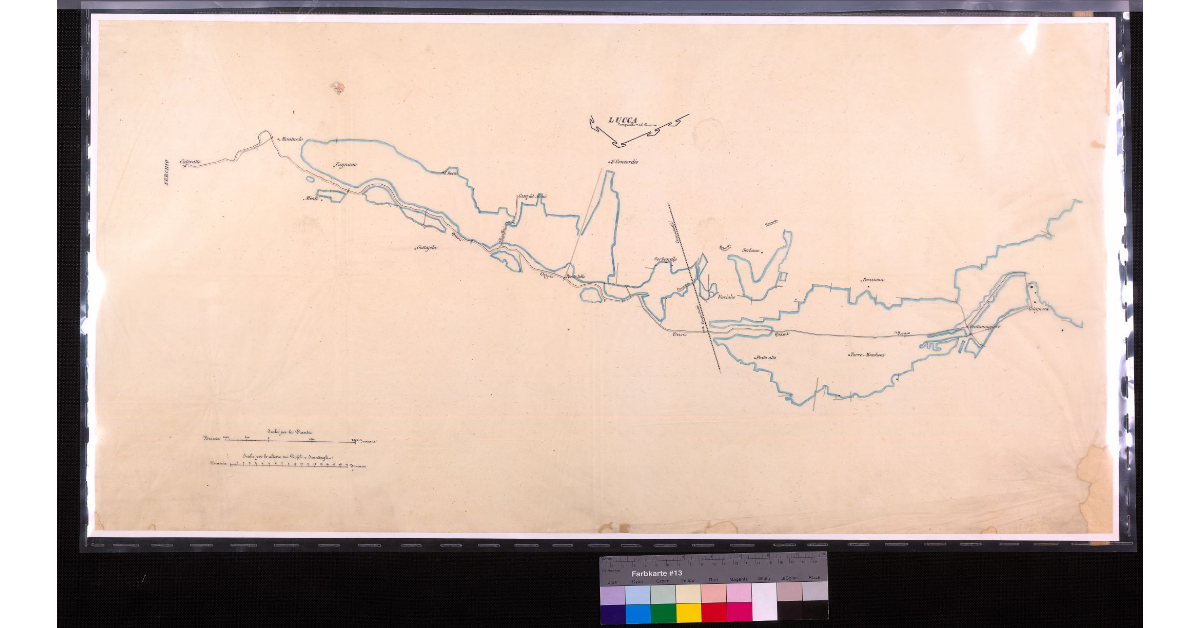 [Perimetro, profili e scandagli del lago di Bientina con l’emissario Ozzeri]