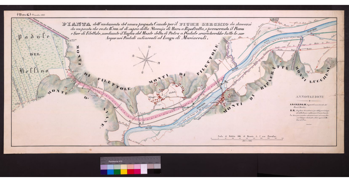 Pianta dell'andamento del nuovo proposto canale per il fiume Serchio da staccarsi da un punto che resta braccia 800 al di sopra della steccaia di muro a Ripafratta e percorrendo il piano e foce di Filettole mediante il taglio del monte detto di Pietra a Padule, scaricherebbe tutte le sue acque nei paduli adiacenti al lago di Maciuccoli