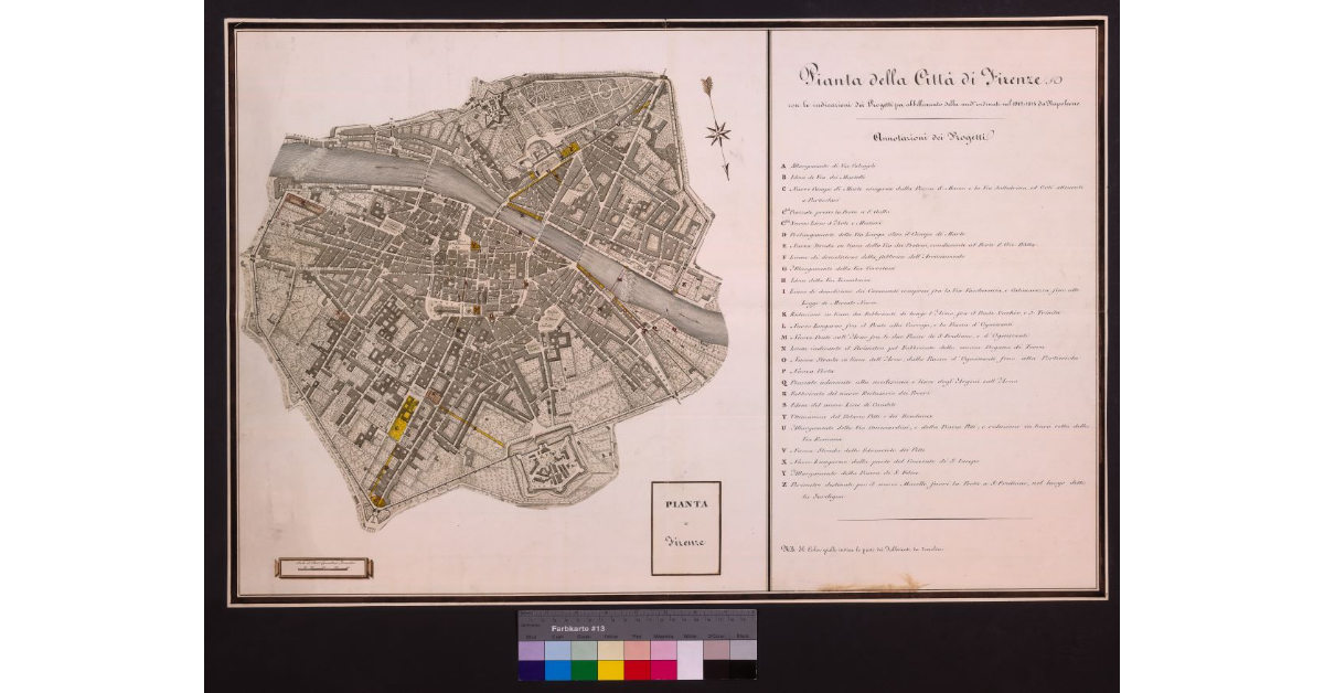 Pianta della città di Firenze con le indicazioni dei progetti per abbellimento della medesima, ordinati, nel 1812-1813, da Napoleone