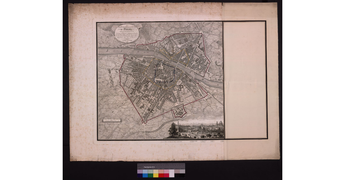 Pianta della città di Firenze disegnata da Cesare Merlini, l'anno 1818, dedicata dal medesimo al merito singolare del nobiluomo il Sig. marchese, cav. Tommaso Corsi, ciambellano di S. A. I. e R. il Granduca di Toscana e Gonfaloniere della città suddetta