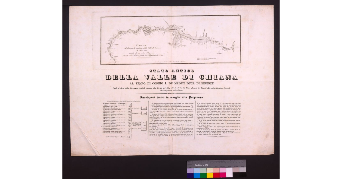 Carta che dimostra la condizione della Valle di Chiana nell'anno 1551 estratta da un antica ritrovata nell'archivio ferrato del Magistrato dei Nove