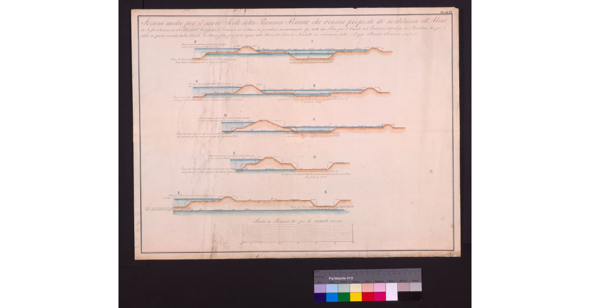 Sezioni medie per il nuovo scolo della pianura pisana che veniva proposto di sostituirsi all'alveo di Fossa Chiara ed all'altro dell'antifosso d'Arnaccio [...]