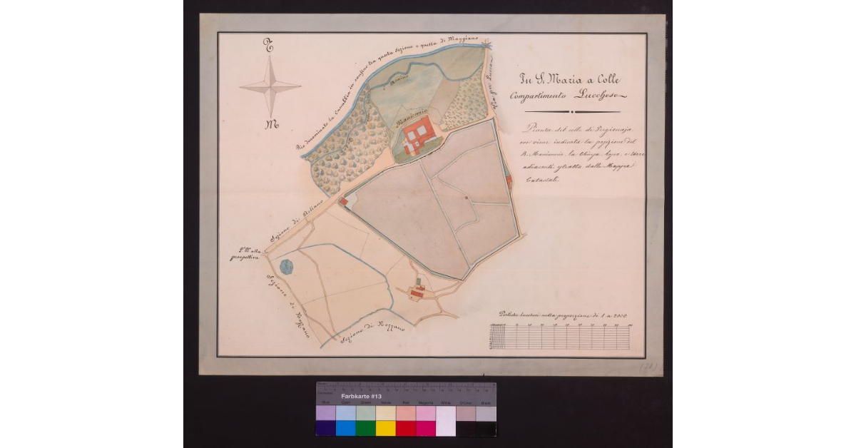 In S. Maria a Colle, compartimento lucchese sottotitolo Pianta del colle di Fregionaia ove viene indicata la posizione del regio manicomio, la Chiusa, bosco e terre adiacenti estratta dalle mappe catastali
