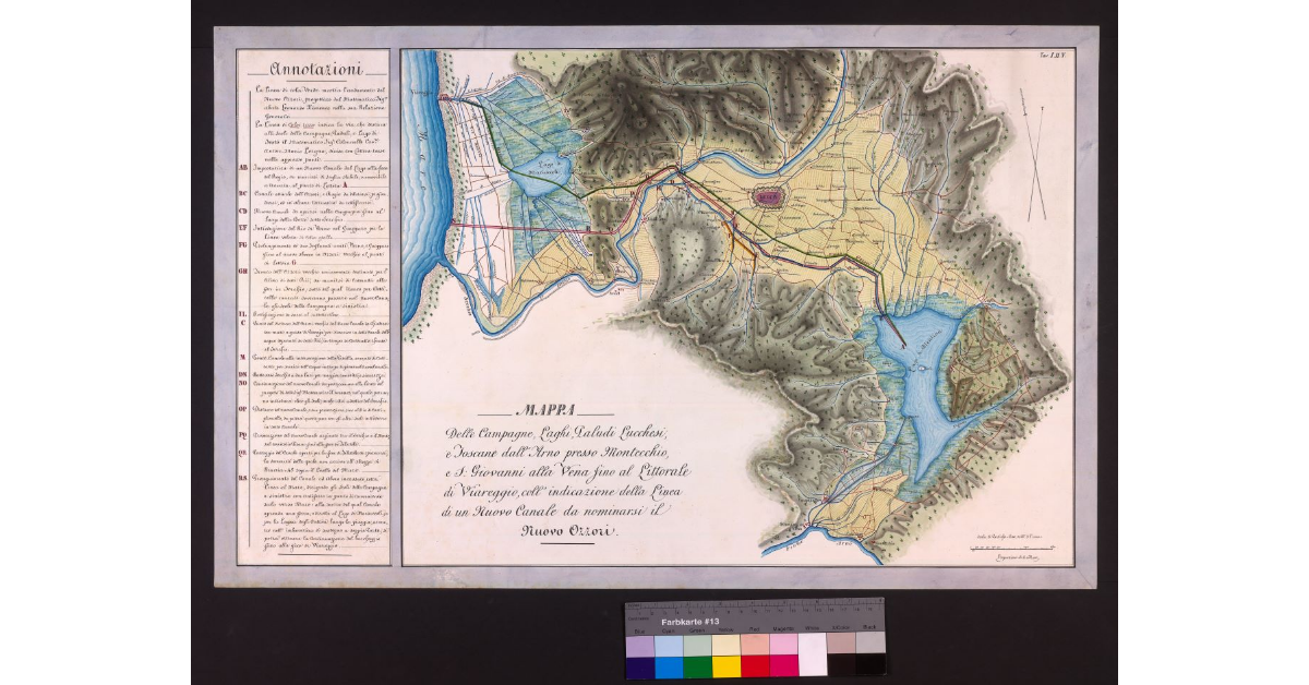 Mappa delle campagne, laghi, paludi lucchesi e toscane, dall'Arno presso Montecchio e S. Giovanni alla Vena fino al littorale di Viareggio, coll'indicazione della linea di un nuovo canale da nominarsi il nuovo Ozzori