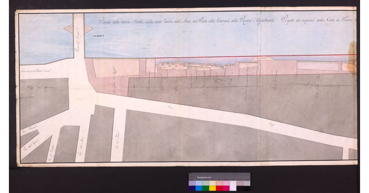 Pianta della nuova strada sulla riva destra dell'Arno dal ponte alla Carraia alla pescaia d'Ognissanti. Progetto da eseguirsi nella città di Firenze e Dipartimento dell'Arno