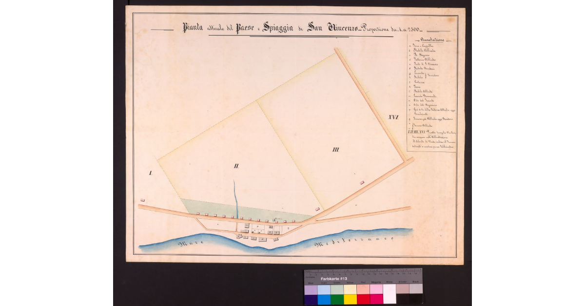 Pianta attuale del Paese e spiaggia di San Vincenzo. Proporzione da 1 a 2500 disegno a penna su carta, colorato