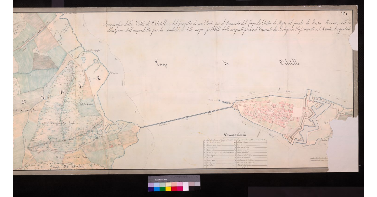 Icnografia della città di Orbetello e del progetto di un ponte per il transito del lago da Porta di mare al punto di Terra Rossa, coll'indicazione dell'acquedotto per la conduzione delle acque potabili dalle sorgenti presso il convento dei religiosi passionisti del Monte Argentale