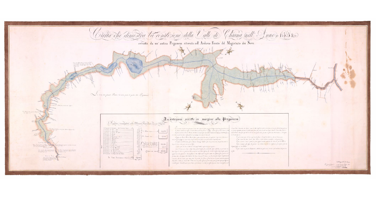Carta che dimostra la condizione della Valle di Chiana nell'anno 1551 estratta da un'antica pergamena ritrovata nell'archivio ferrato del Magistrato dei Nove