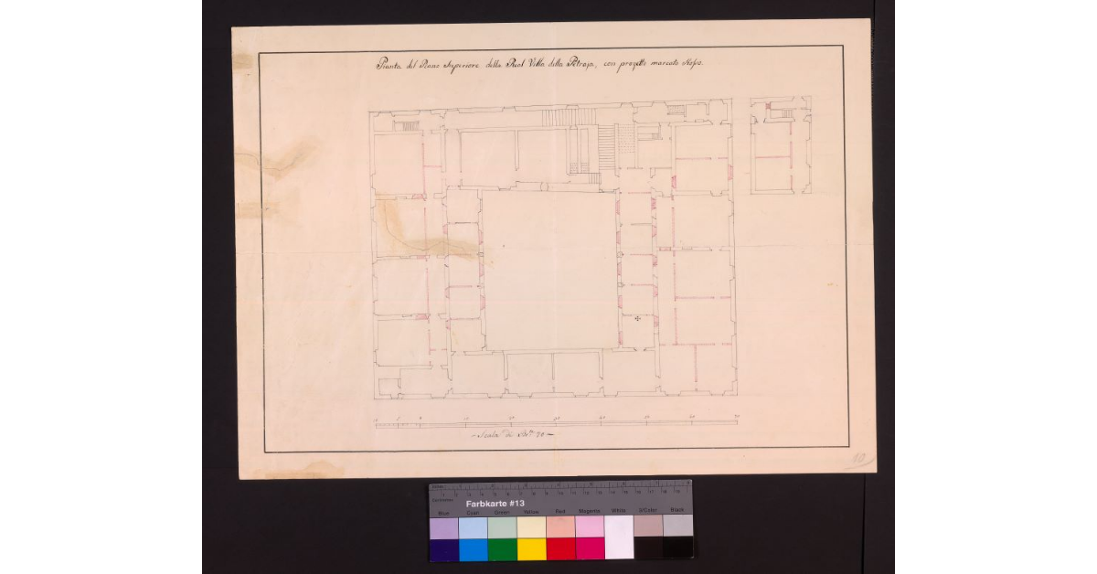 Pianta del piano superiore della real villa della Petraia con progetto marcato rosso