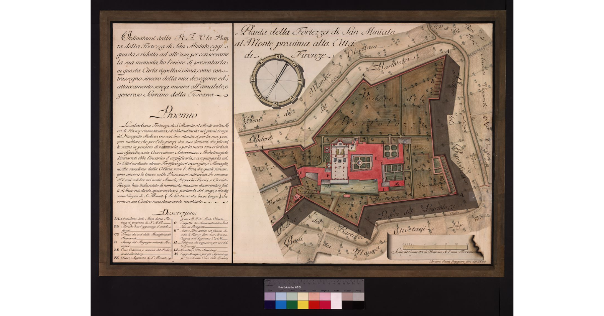 Pianta della Fortezza di San Miniato al Monte prossima alla città di Firenze disegno a penna su carta, colorato