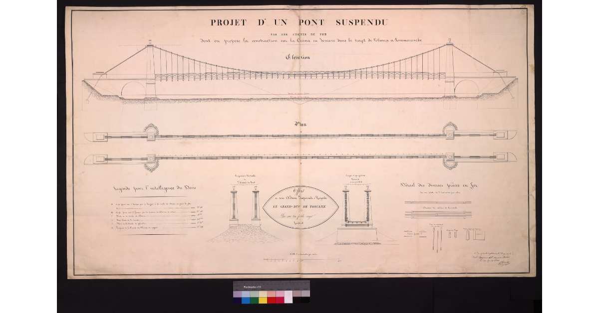 Project d'un pont suspendu par des chaines de fer dont on propose la construction sur la Cecine en Toscane, dans le trajet de Volterra a Pommaranche