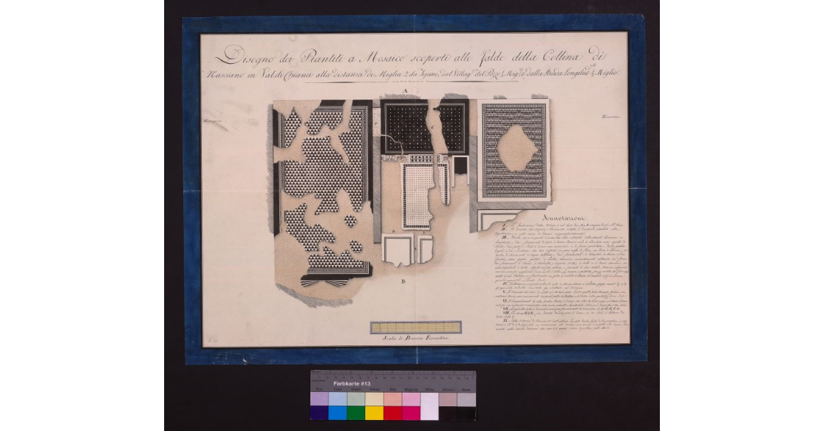 Disegno dei piantiti a mosaico scoperti alle falde della collina di Nasciano in Val di Chiana