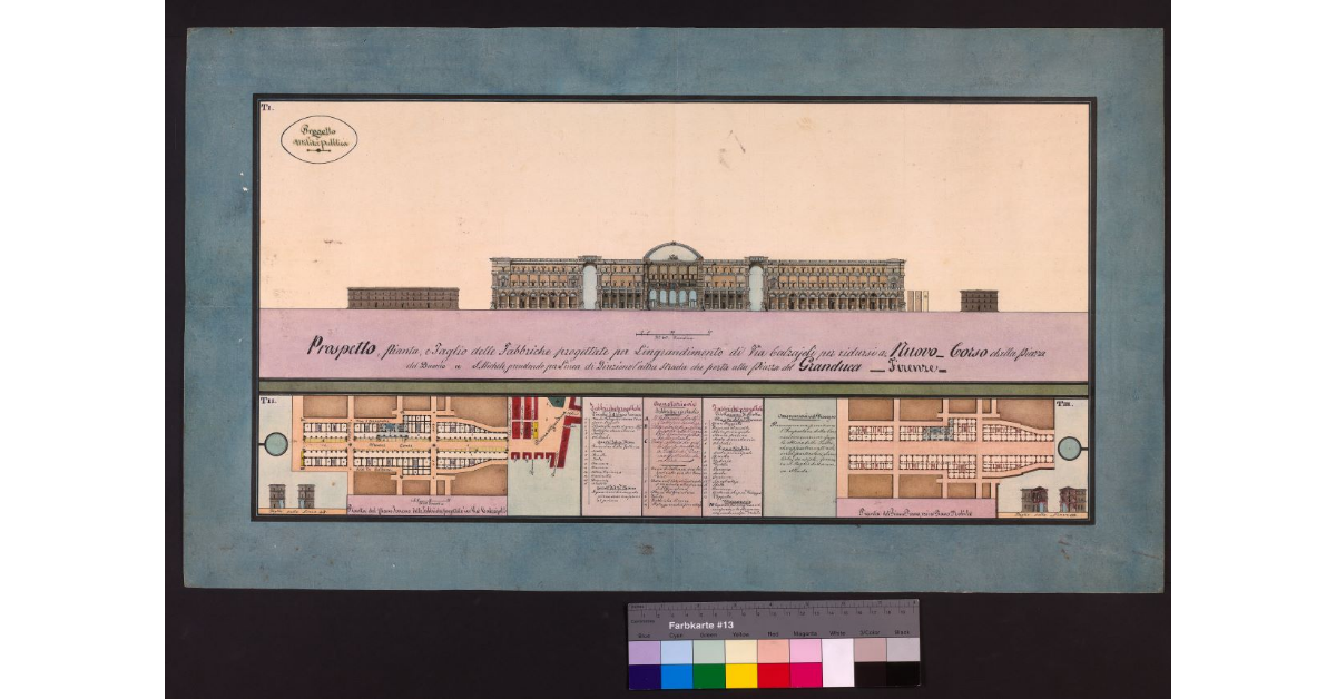 Prospetto, pianta e taglio delle fabbriche progettate per l'ingrandimento di via Calzaioli per ridursi a nuovo corso dalla piazza del Duomo a S. Michele