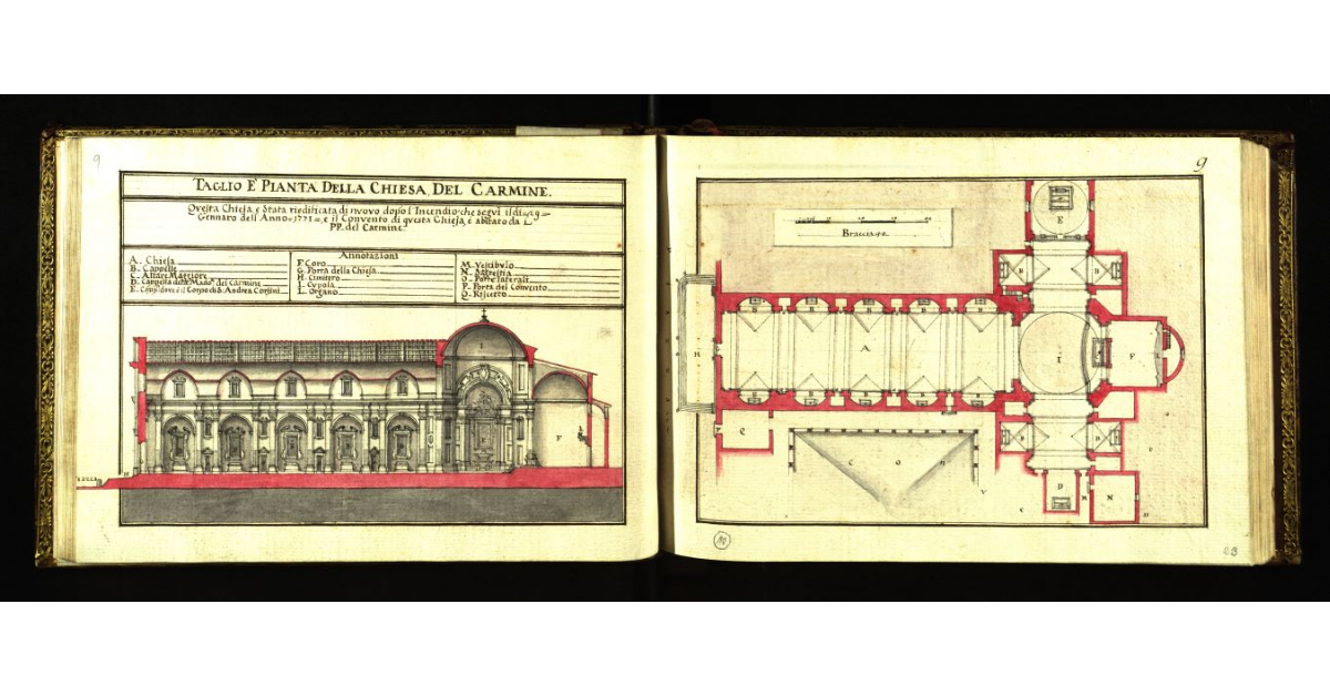 Taglio e pianta della Chiesa del Carmine