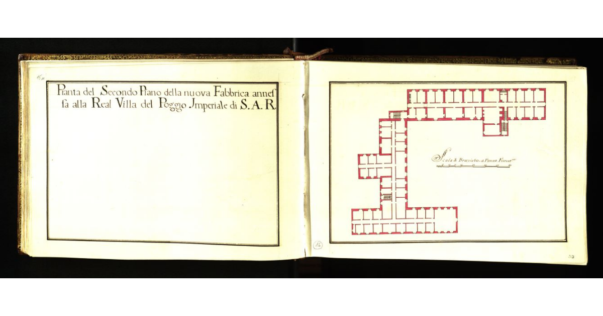 Pianta del piano terreno delle scuderie, rimesse e cucine attenenti alla Real Villa del Poggio Imperiale di S.A.R. [a Firenze]
