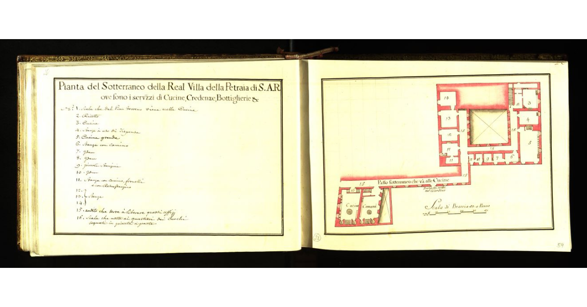Pianta del sotterraneo della Real Villa della Petraia di S.A.R. [a Firenze] ove sono i servizzi di cucine, credenze, bottiglierie, etc
