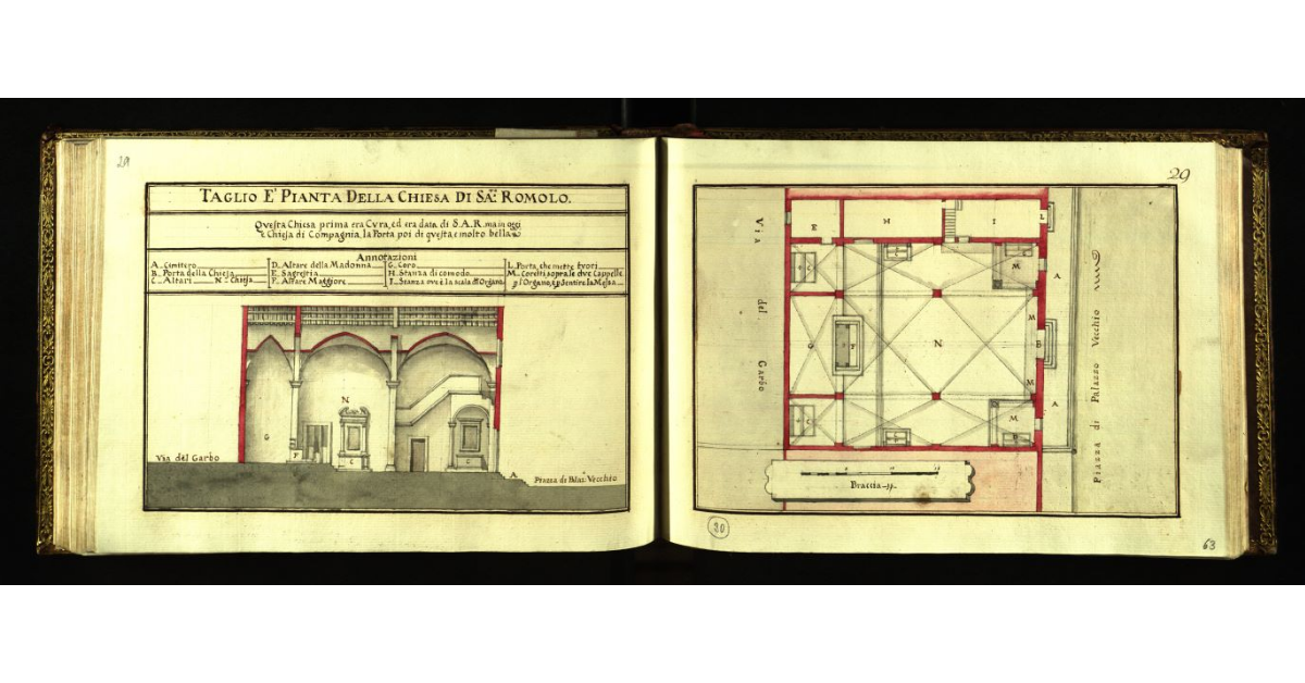 Taglio e pianta della Chiesa di San Romolo