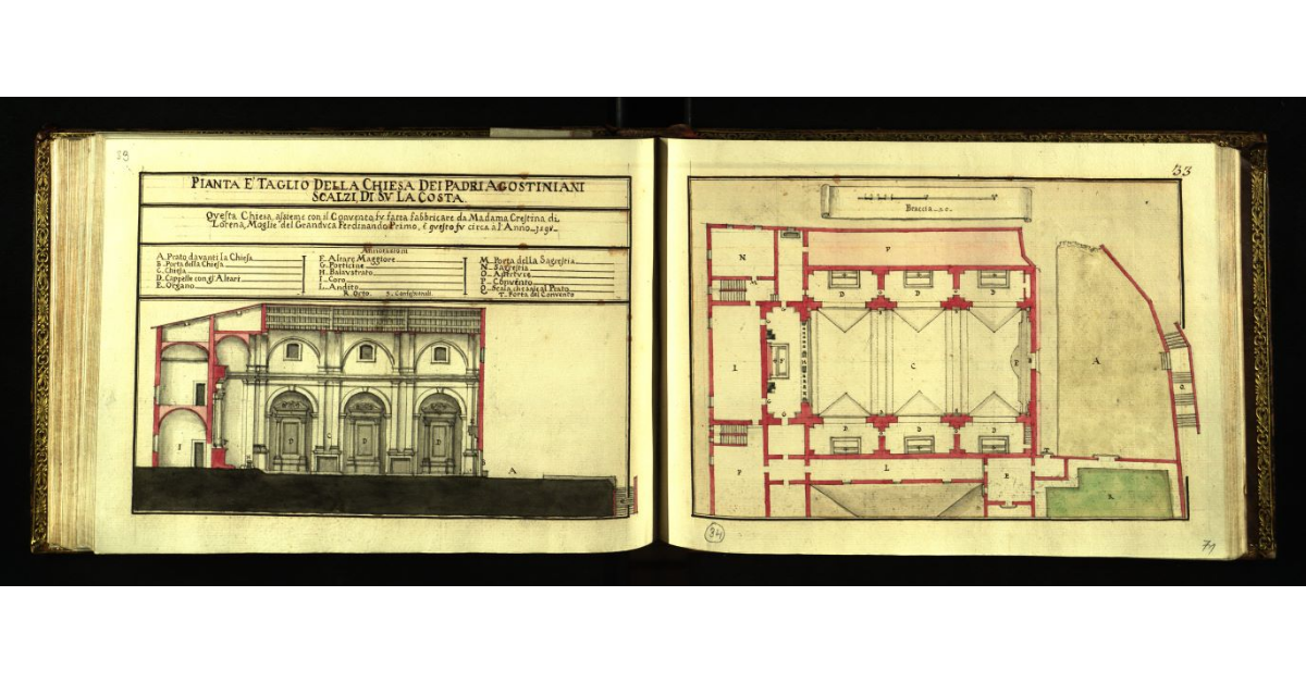 Pianta e taglio della Chiesa dei Padri Agostiniani Scalzi di su La Costa