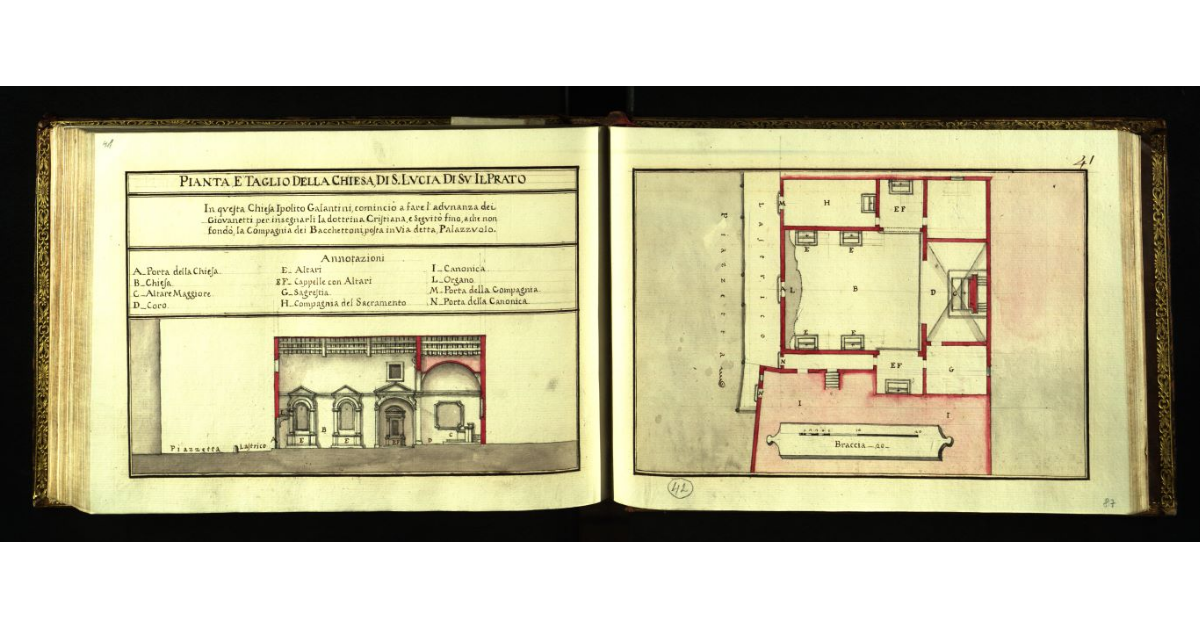 Pianta e taglio della Chiesa di S. Lucia di su Il Prato