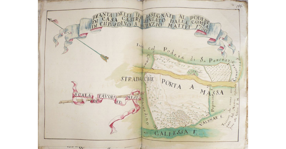 Pianta delle terre assegnate al podere di Casa Castri allineato dalla comunità di Chiusdino a Bonifazio Mattei