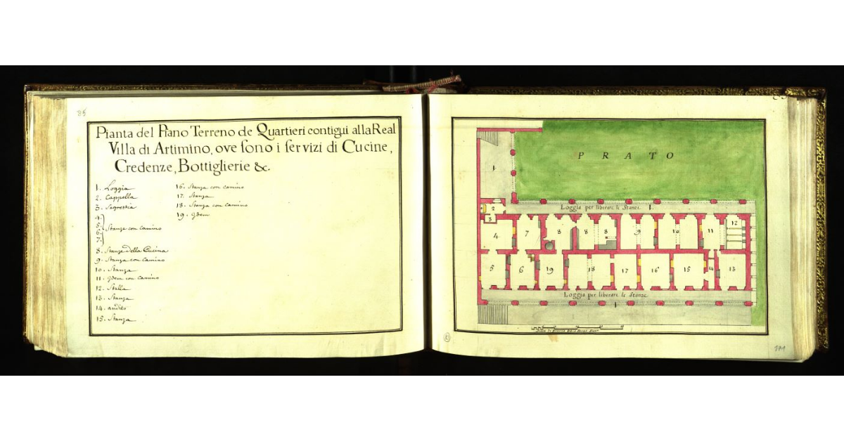 Pianta del piano terreno de quartieri contigui alla Real Villa di Artimino, ove sono i servizi di cucine, credenze, bottiglierie &