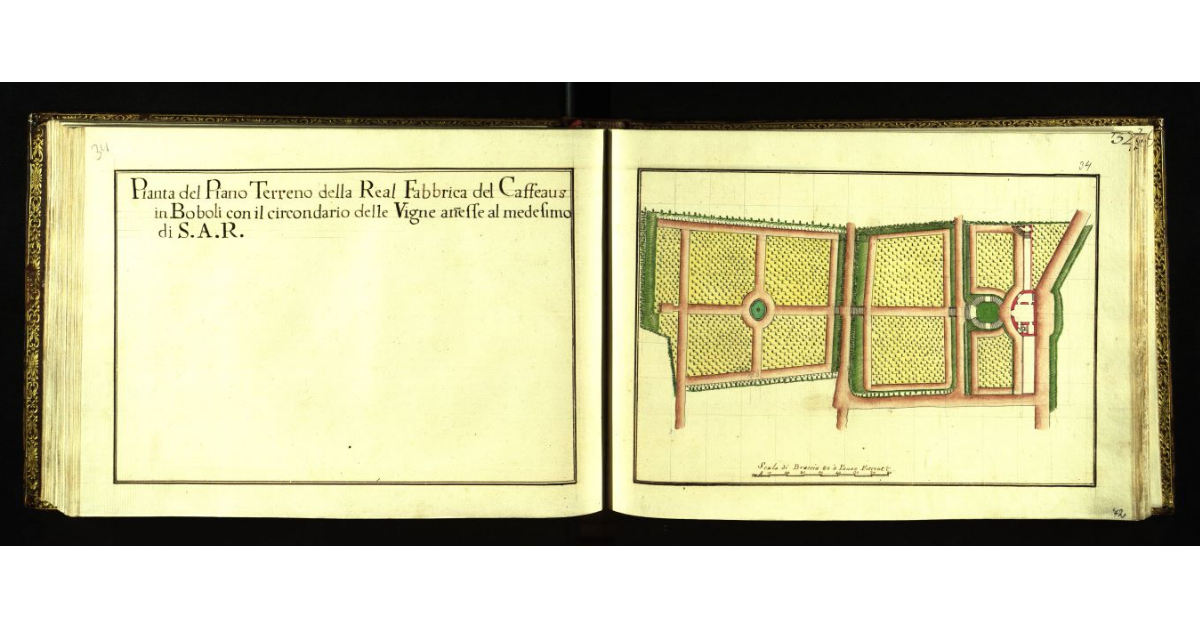 Pianta del piano terreno della Real Fabbrica del Caffeaus in Boboli con il circondario delle vigne annesse al medesimo di S.A.R. [a Firenze]