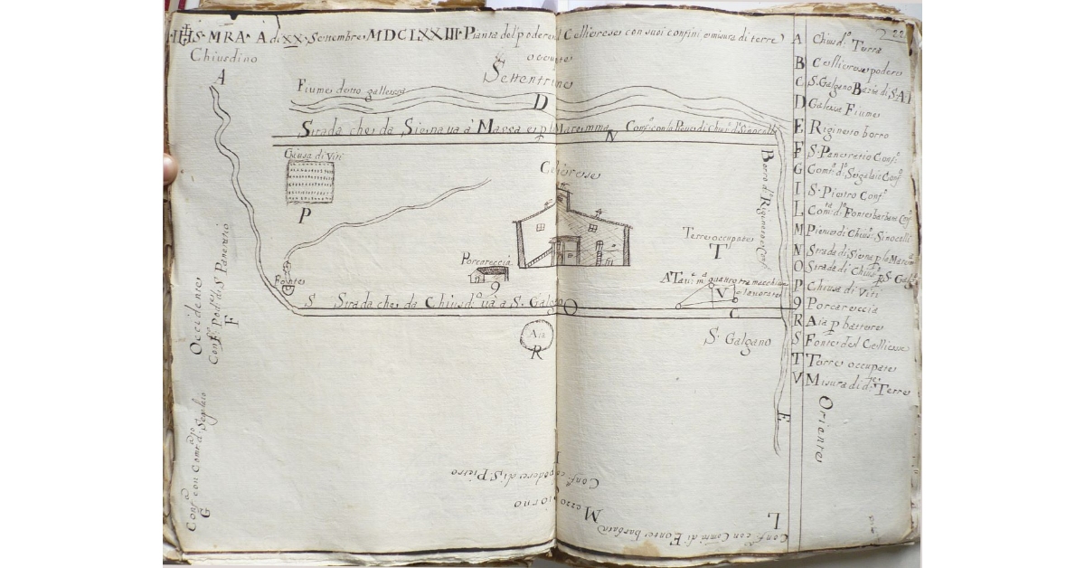 Pianta del podere di Cellierese con suoi confini, e misura di terre occupate [a Chiusdino]