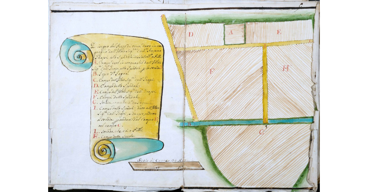 Disegno del pezzo di terra [a San Rocco a Pilli] dato in conguaglio dall'illustrissimo Signore Cavaliere Ansano Grassi allo Spedale di San Salvadore a Pilli