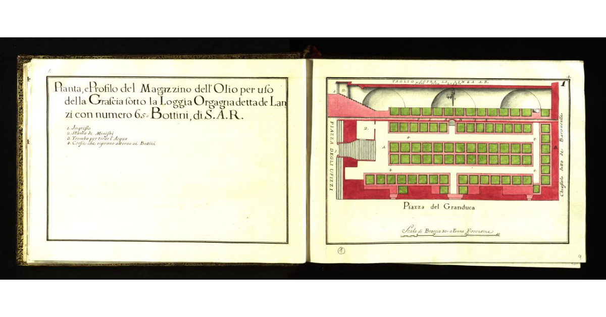 Pianta e profilo del Magazzino dell'Olio per uso della Grascia sotto la Loggia Orgagna detta de Lanzi con n. 65 bottini, di S.A.R