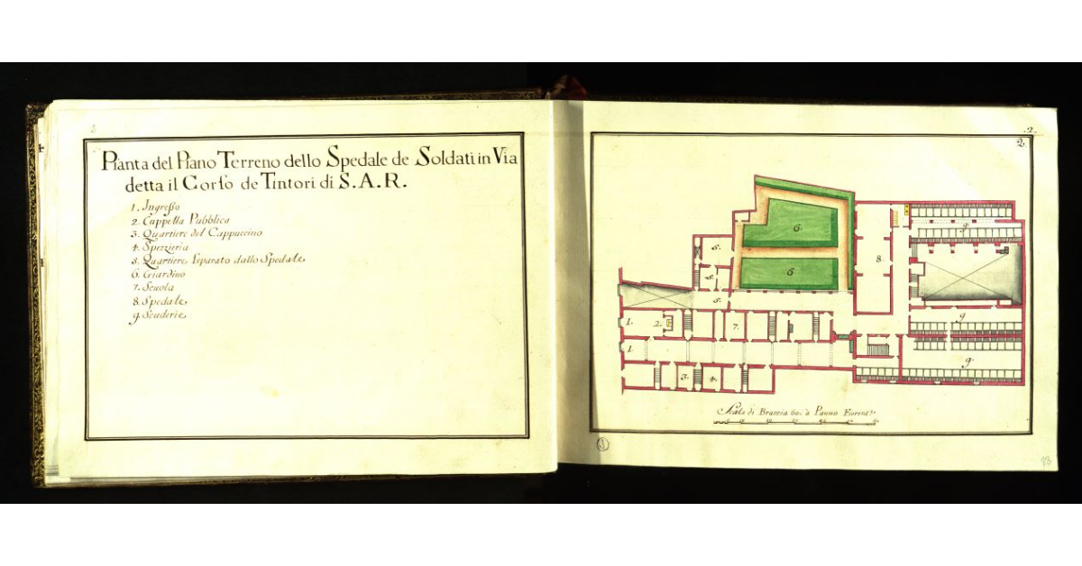 Pianta del piano terreno dello Spedale de Soldati in Via detta il Corso de Tintori di S.A.R