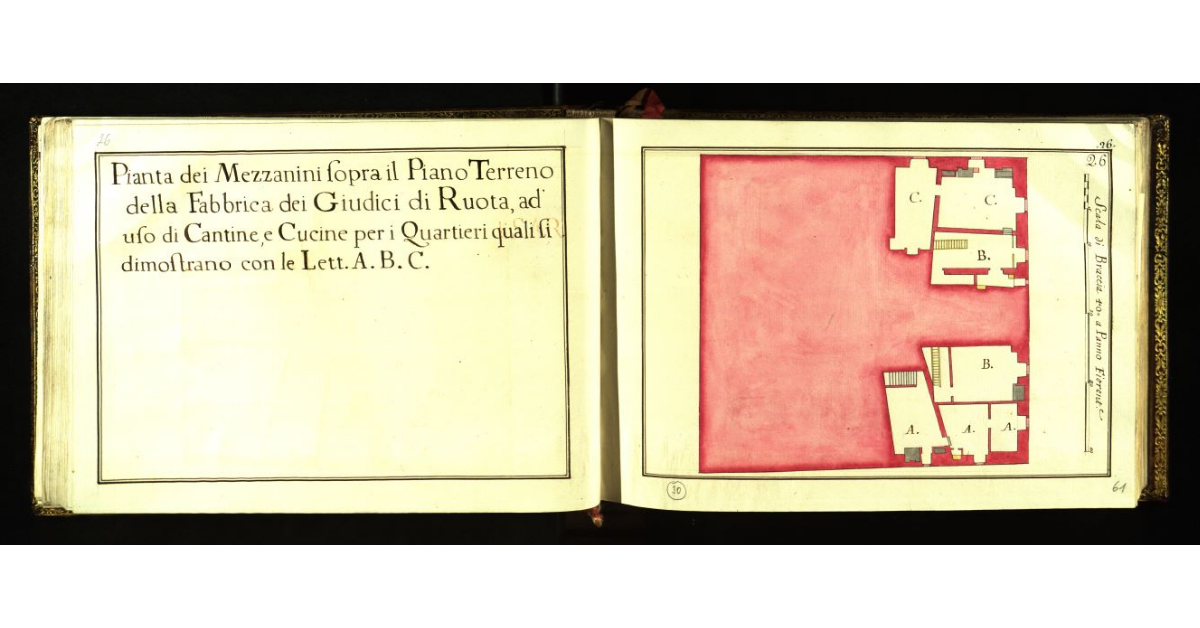 Pianta dei mezzanini sopra il piano terreno della Fabbrica dei Giudici di Ruota, ad uso di cantine e cucine per i quartieri quali si dimostrano con le lettere A.B.C