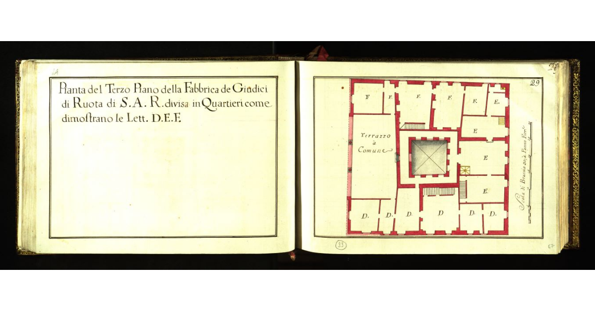 Pianta del terzo piano della Fabbrica dei Giudici di Ruota di S.A.R. divisa in quartieri come dimpostrano le lettere D.E.F