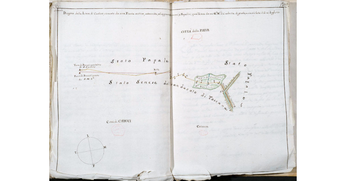Disegno della Linea di Confino [in Valdichiana], ricavato da una Pianta antica, sottoscritta, ed approvata da Toscani, e Papalini, qual' Linea da me Giuseppe Montucci si è colorita di giallo