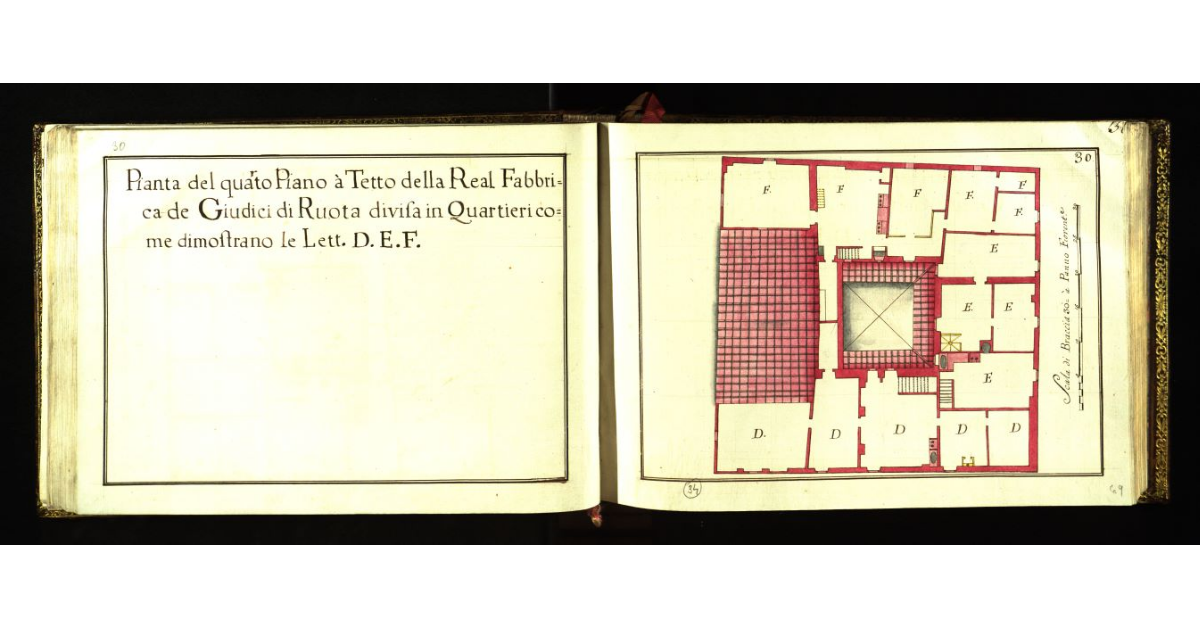 Pianta del quarto piano a tetto della real Fabbrica dei Giudici di Ruota divisa in quartieri come dimostrano le lettere D.E.F