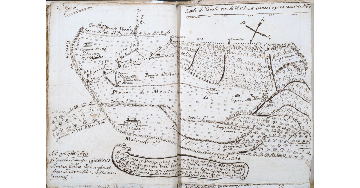 Pianta, e Prospettiva della nuova terminazione trà Reverendi Monaci della Congregazione Valembrosana, e la Comunità di Monte Verdi, e quella di Monte Ritondo con numero 8 termini cominciando dal Botro della Castellaccia Fino al Fiume di Cornia per line come in prospettiva si vede (Copia)