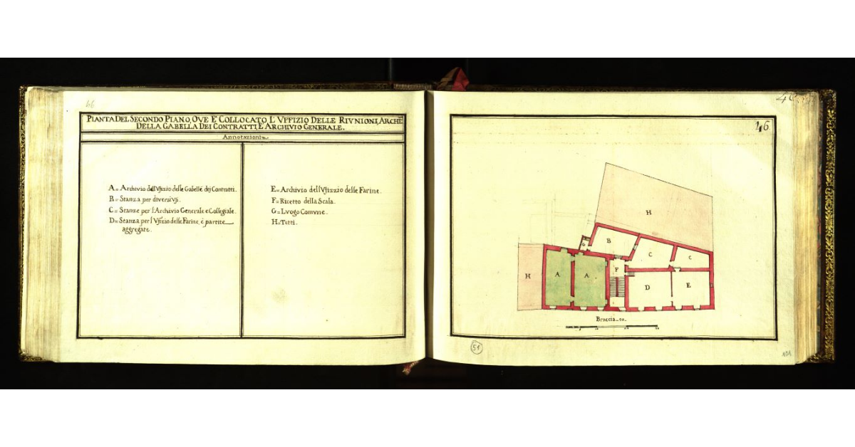 Pianta del secondo piano ove è collocato l'Uffizio delle riunioni, archivio della gabella dei Contratti, e archivio generale