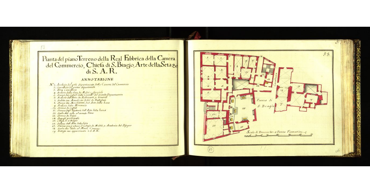 Pianta del piano terreno della Real Fabbrica della Camera del Commercio, Chiesa di S. Biagio, Arte della Seta, ecc.. di S.A.R