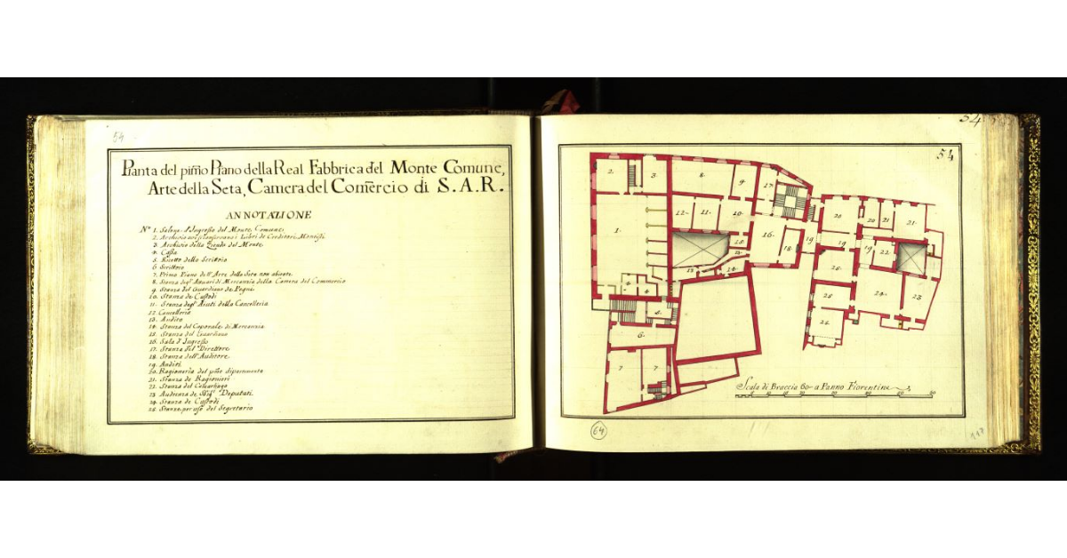 Pianta del primo piano della Real Fabbrica del Monte Comune, Arte della Seta, Camera del Commerciodi S.A.R