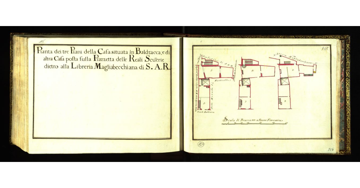 Pianta dei tre piani della casa situata in Baldracca, e di altra casa posta sulla Piazzetta delle Reali Scuderie dietro alla Libreria Magliabecchiana di S.A.R