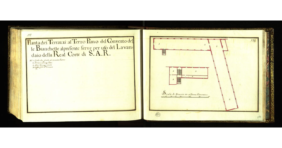 Pianta dei terrazzi al terzo piano del Convento delle Bianchette al presente serve per uso del lavandaio della Real Corte di S.A.R
