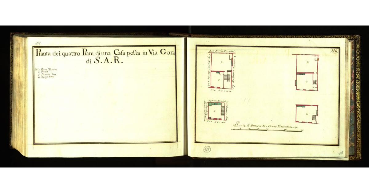 Pianta dei quattro piani di una casa posta in Via Gora di S.A.R